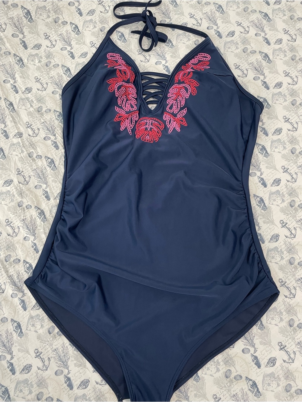 Navy Halter One-Piece Swimsuit with Pink Embroidery